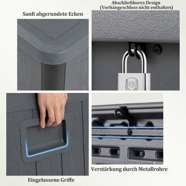 Ящик для зберігання садовий COSTWAY 378 л, водонепроникний, з кришкою на замок, для подушок та інструментів, сірий