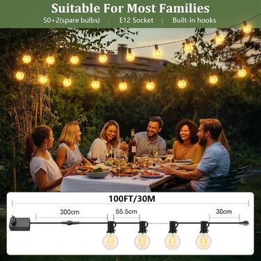 LED гірлянда для зовнішнього використання 45.7 м, диммувана, з пультом, 75 світлодіодів, тепле світло, IP45, для саду, балкону, тераси, кемпінгу та вечірок