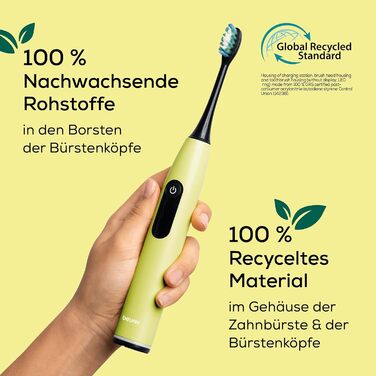 Електрична зубна щітка Beurer SC 30 Schallzahnbürste: 4 режими чищення, 80 000 коливань, таймер, LED-дисплей, 2 насадки, корпус з переробленого пластику (Splashy Lemon)