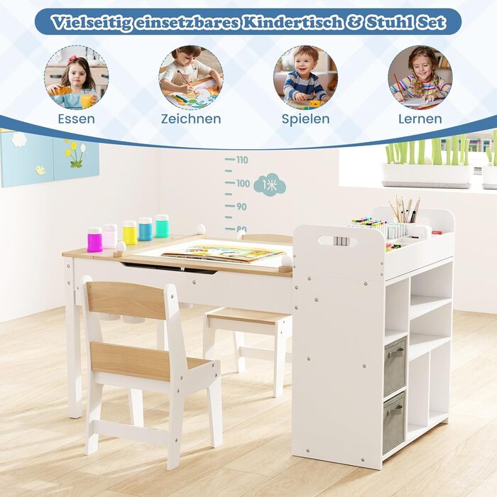 Дитячий стіл COSTWAY 3 в 1 з 2 стільцями: стіл для малювання, мольберт, місце для зберігання. Дерев'яний дитячий стіл-трансформер, 120 x 60 x 60 см (натуральний колір).