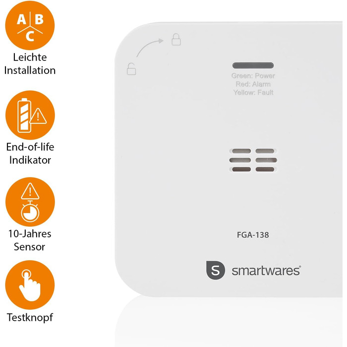 Smartwares Ко-Детектор диму та газу WiFi – 85 дБ, 10 років роботи сенсора, сповіщення через додаток, кнопка тестування, білий