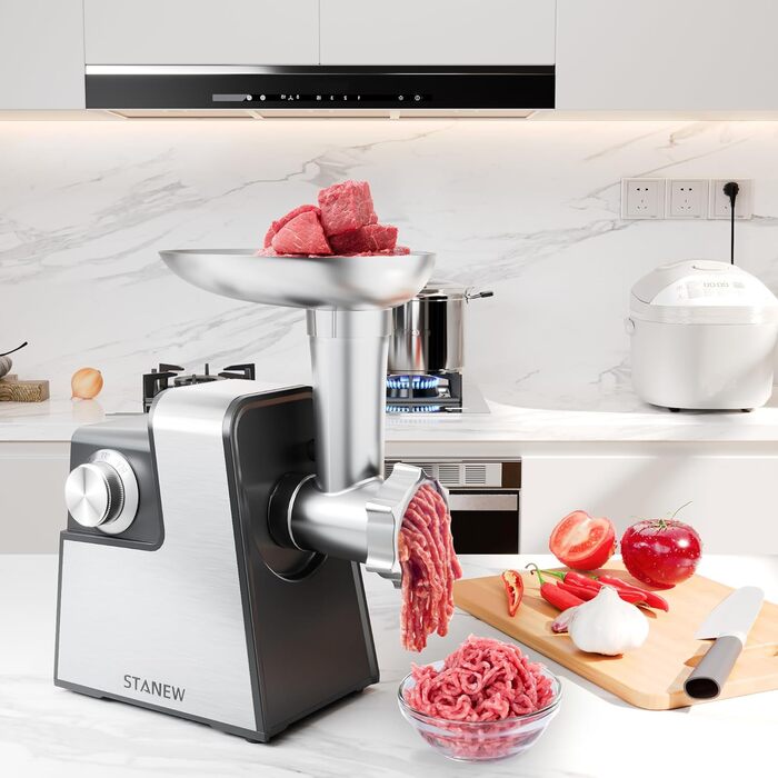 Електрична м'ясоподрібнювач STANEW 2500W з нержавіючої сталі [4-в-1] з 5 лезами (хвильовий ніж/різання/тертка) та подвійним мотором - для м'яса, овочів, зелені + насадка для ковбас та для вирізання печива