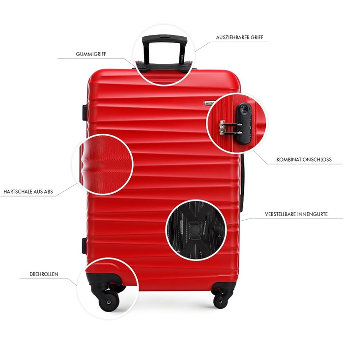 Набір валізWITTCHEN 4 в 1: Чотири валізи з ABS-пластику з коліщатами Spinner, кодовий замок, Groove Line (червоний)