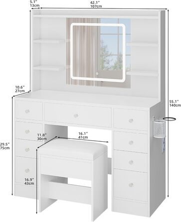 Туалетний столик YITAHOME з підсвічуванням та дзеркалом, з пуфом, 4 шухляди, відкриті полиці, чорний (білий, 9 шухляд)