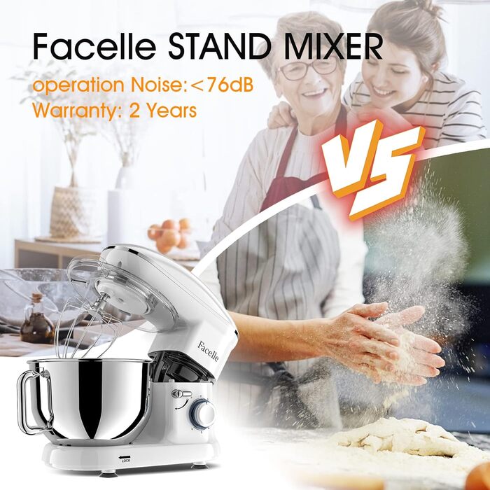 Кухонна машина Facelle 1500W з нержавіючою чашею 6.2 л, 6 швидкостей, міксер для тіста, планетарний міксер