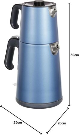 Арзум Ehlikeyf - електрочайник та турка для приготування турецького чаю, 2200W, 3,5л, 1,2л, нержавіюча сталь, регулювання температури, захист від сухого кип'яття, блакитний