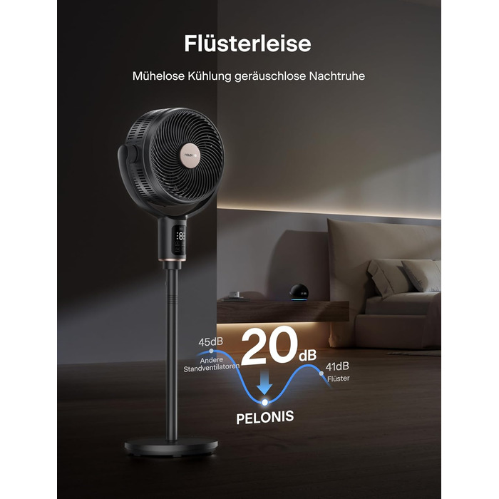 PELONIS вентилятор підлоговий Smart з осциляцією, DC мотор, 9 швидкостей, 26dB, регулювання висоти 36-110см, 9H