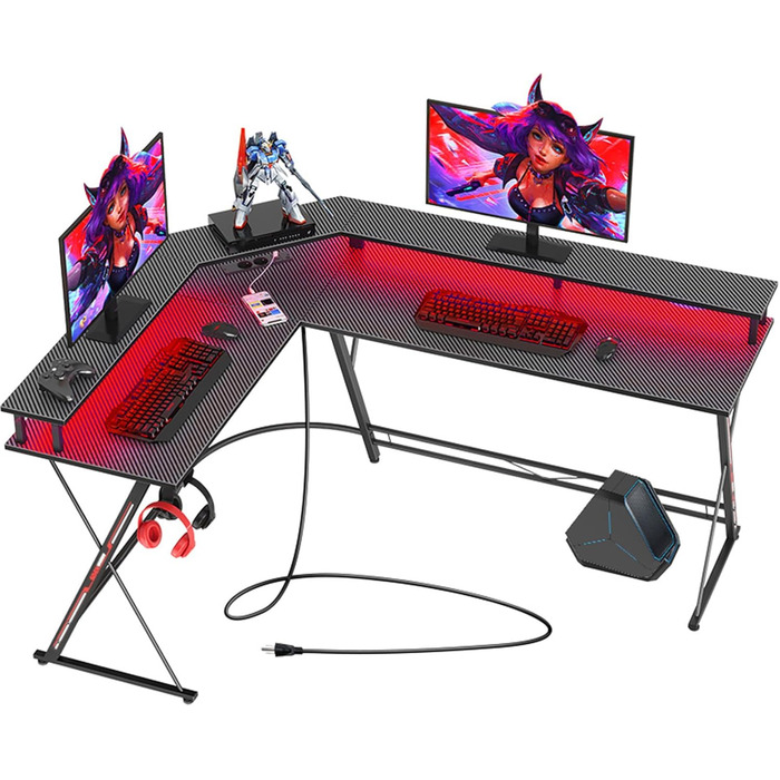 Ігровий стіл SEVEN WARRIOR з LED-підсвічуванням, розетками, моніторний стійка, 2 гачки, L-подібний, 147 см