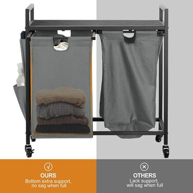 WOWLIVE Кошик для білизни з кришкою та колесами, сірий, 110л. З верхньою полицею та 2 знімними мішками для сортування