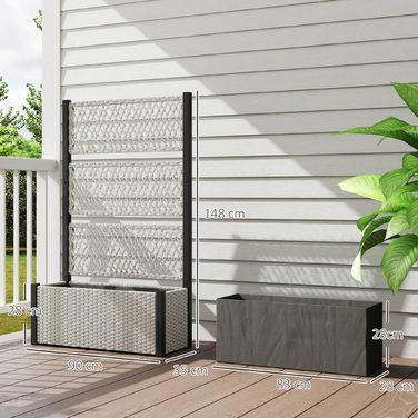 Підвищене грядка з опорою для ліан у стилі ротангу, квітник/ящик для рослин з підпірками, 90 x 35 x 148 см, сірий