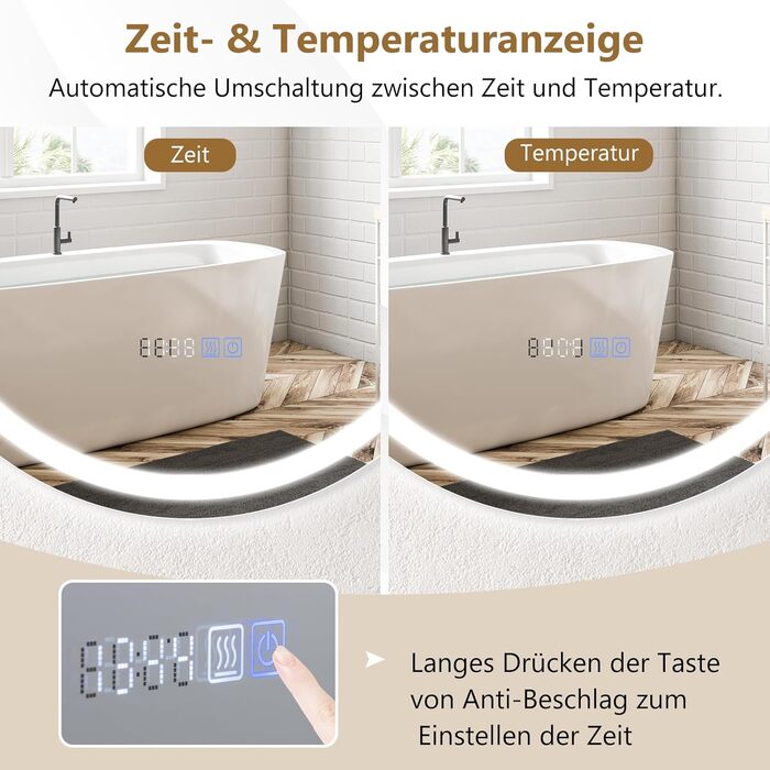 LED дзеркало для ванної кімнати Relax4Life з підсвічуванням, сенсорним вимикачем, протитуманним покриттям, регулюванням яскравості, 3 кольорами світла, індикатором часу та температури (60 x 60 см)