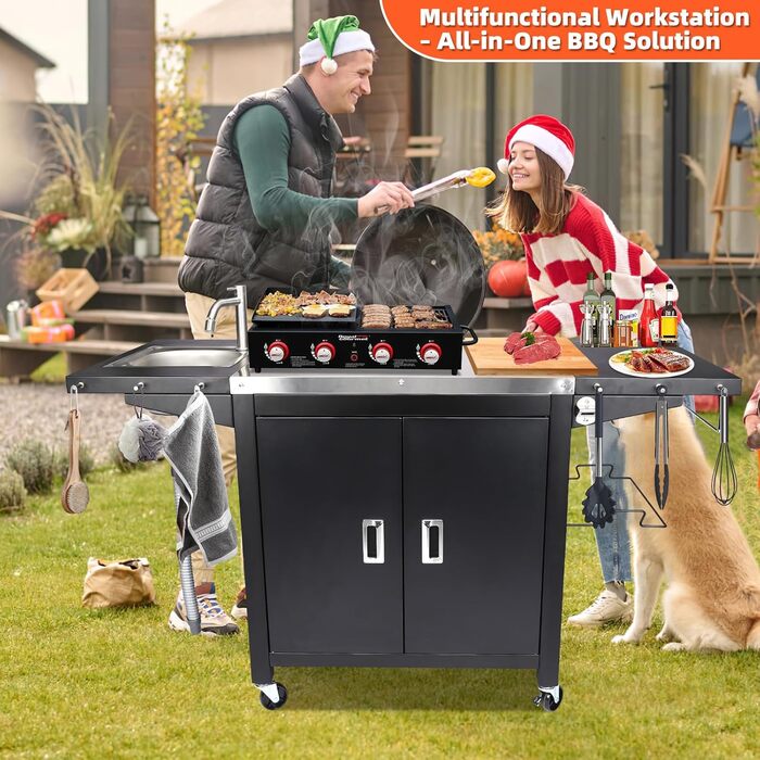 Гриль-вогн на колесах GFTIME: мобільний стіл для піци з нержавіючої сталі, кухонний острів з шафкою та полицями, 154 x 63 x 89 см