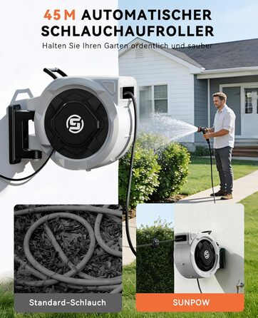 Шланговий барабан SUNPOW настінний 30м для саду, тераси та двору. Автоматичний намотувач, поворотна стійка 180°, 10 функцій розпилення, діаметр 16 мм.