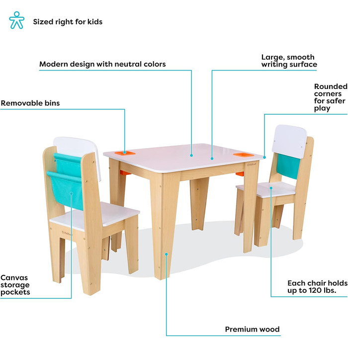Дитячий столик KidKraft кишеньковий з місцем для зберігання та 2 стільцями, дерев'яний комплект сидінь, меблі для дитячої кімнати, 20353