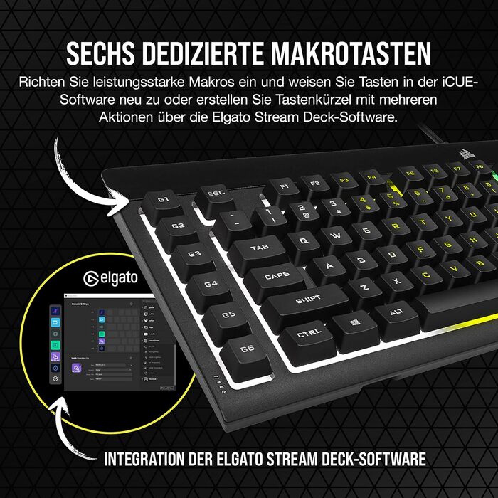 Клавіатура Corsair K55 RGB PRO, провідна, мембранна, QWERTZ DE, чорна, IP42, 6 макро-клавіші, сумісна з iCUE, для PC, Mac, Xbox
