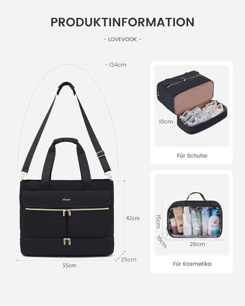 Сумка-валіза LOVEVOOK для жінок, 45L/57L, Weekender, ручна поклажа, велике відкриття, сумка для пологового будинку, спортивна сумка, Travel Duffle Bag, з відділенням для взуття та мокрою білизною (чорний)