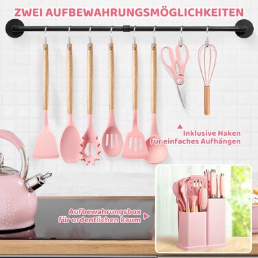 Набір кухонних аксесуарів 37 шт. з силікону, рожевий. Набір кухонних помічників, стійкий до високих температур, придатний для миття в посудомийній машині, з антипригарним покриттям