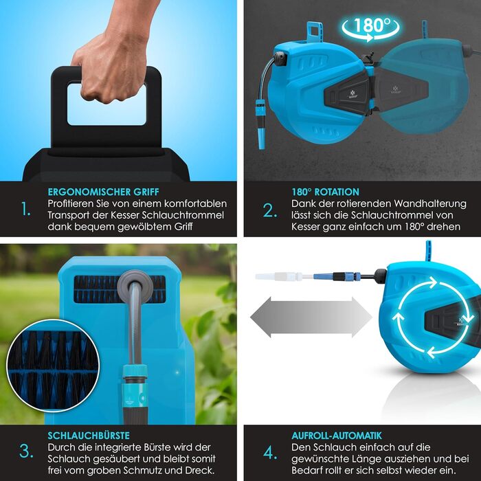 KESSER® Автоматична кавова машина для шлангів 30м з підключенням до стіни, автозмотування, поворот 180°, насадка-пістолет з 9 режимами, 2 насадки (Синій)