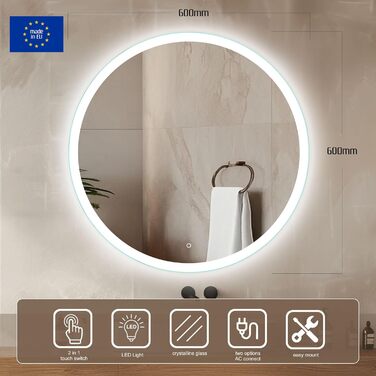 Дзеркало для ванної кімнати Venti 60 см з підсвічуванням, LED, сенсорне керування, 60x60 см