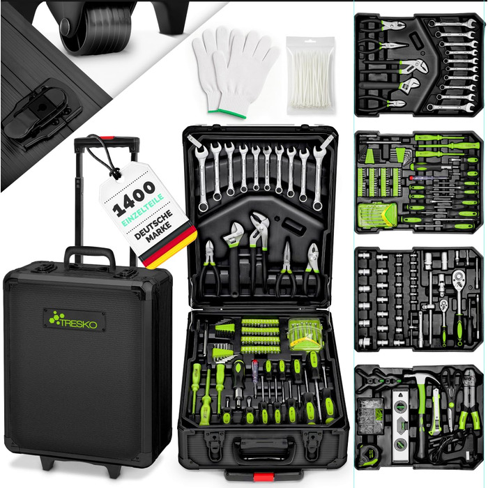 Набір інструментів TRESKO 1400 предметів у кейсі: професійний валіза з інструментами з Cr-V сталі (зелений)