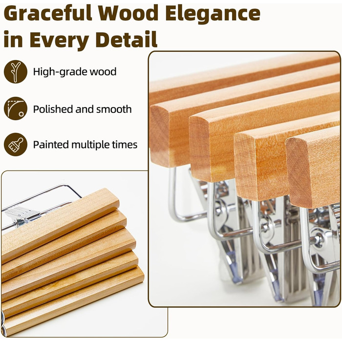 Дерев'яні вішалки для штанів та одягу HOUSE DAY з кліпсами, 25 шт. - білі, 35,5 см, поворотний гачок, економія місця