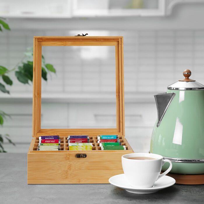 Коробка для чаю Relaxdays, 12 відділень, бамбук, 9,5x26,5x28,5 см, капсули для чаю та кави, кришка, природа