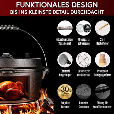 Набір Dutch Oven 4.5л: чавунний горщик для тушкування з ніжками, 2-в-1 кришкою, набором для чищення та рецептами. 30 років гарантії.