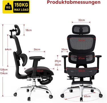 Ергономічне крісло для офісу Voll-Mesh з підголівником, підставкою для ніг, регульованою спинкою, підлокітниками, автоматичною поперековою підтримкою, PU-колесами, поворотним на 360°, до 150 кг, чорне