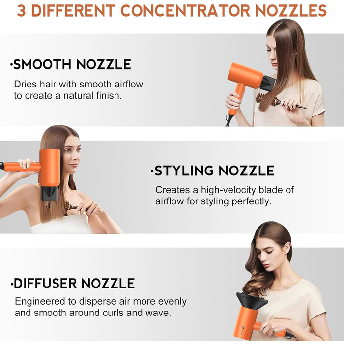 Іонний фен для волосся Slopehill 1800W для швидкого сушіння, професійний салонний фен з 3 насадками (концентратори та дифузор), 3 режимами температури та 2 швидкостями, помаранчевий