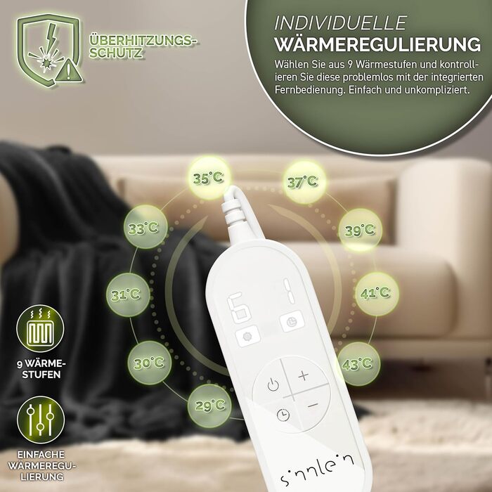 Електрична гріюча ковдра з плюшу 200 x 180 см з таймером та 9 рівнями нагріву, відключається автоматично, антрацит