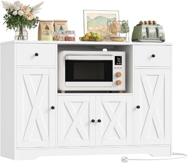 Білий комод для кухні HOCSOK 120 см з полицями, мікрохвильовою печиркою та розеткою. Комод для кухні, вітальні, їдальні (120x85x40 см)