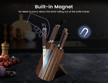 Набір кухонних ножів 7 шт. японського стилю з магнітною підставкою з акації та гострим лезом з вуглецевої сталі, ергономічні ручки