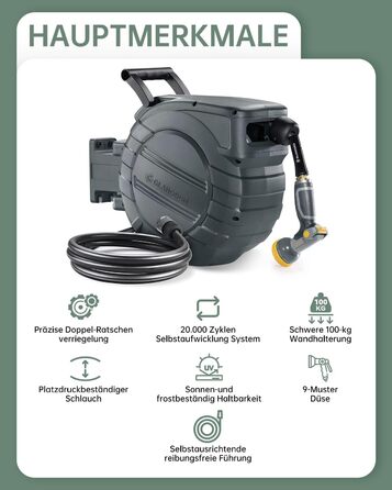 Шланговий барабан GLAHODEN з шлангом для саду 40 м + 2 м, стійкий до сонця та морозу, поворотний на 180°, настінна шланговий бокс з 9-функціональною розпилювальною насадкою (30 м)