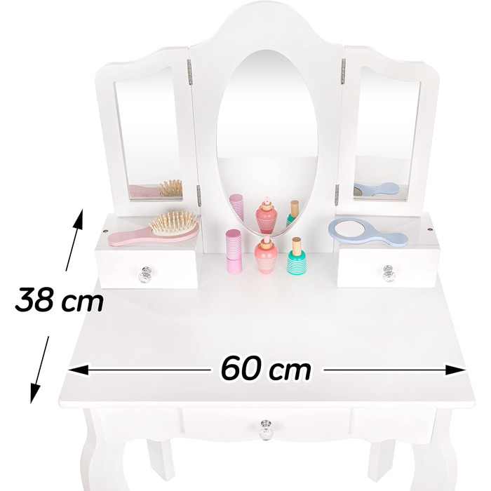 Зелена серія Дитячий ігровий туалетний столик GS3302, дерево, дзеркало, ящики, табурет, білий, для дівчаток