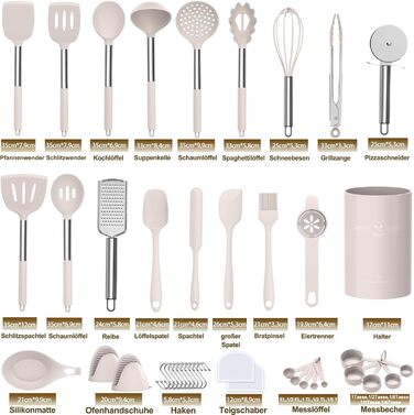 Набір кухонних аксесуарів 34 шт. з силікону: кухонне приладдя, посуд, тримач, антипригарне покриття, нержавіюча сталь, хакі