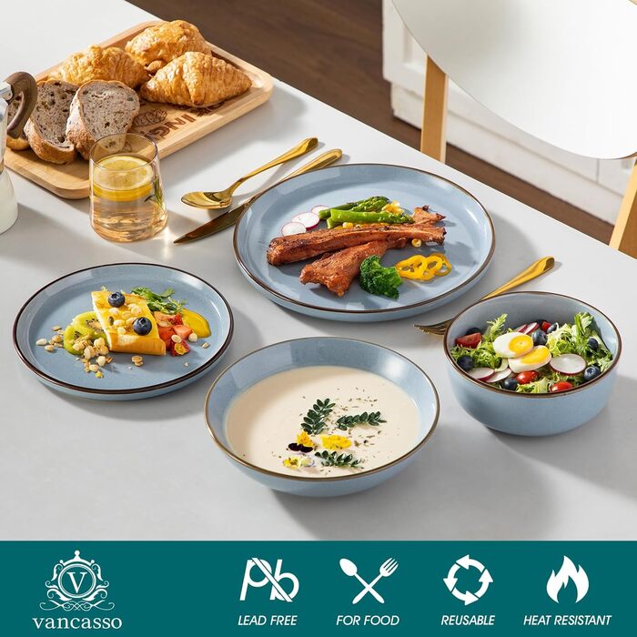 Набір посуду Steingut vancasso LOIRE 24тг. для 6 осіб: тарілки, супові тарілки, десертні тарілки, миски. Сучасний блакитний дизайн, безпечний для мікрохвильовки та посудомийної машини.