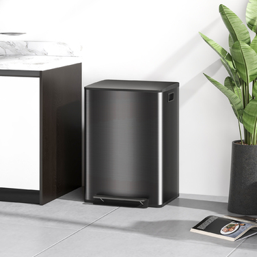 Відро для сміття з двома відсіками по 30 літрів, м'яке закриття кришки, стійке до відбитків пальців, нержавіюча сталь, чорний