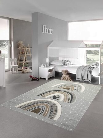 Килимок для дитячої кімнати в горошок, дизайн у вигляді веселки у формі серця, сірий, коричневий, Розмір 120x170 см