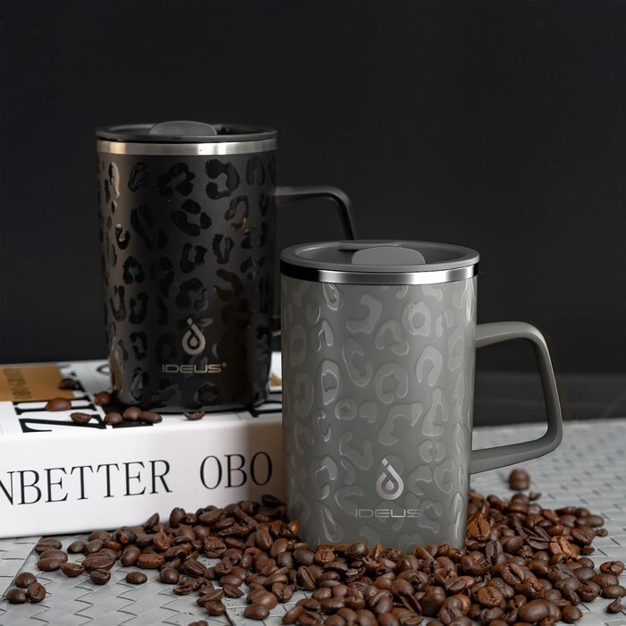 Кавова чашка Ideus® 470 мл з подвійними стінками, з нержавіючої сталі, з антиковзним ручками та кришкою-висувним модулем (Червоний Зебра, Leopard Gray)