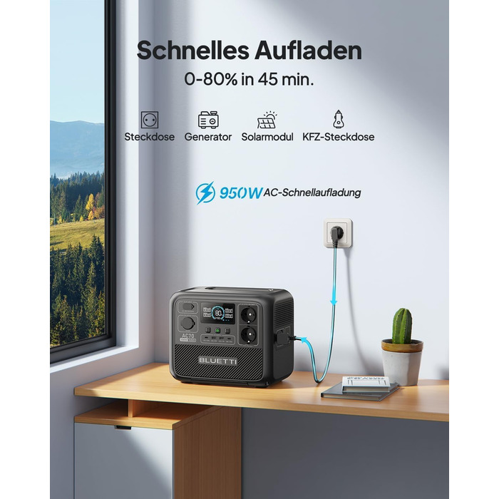 Портативна електростанція BLUETTI AC70, 768Wh LiFePO4, 2x1000W AC, 100W USB-C, швидка зарядка, для кемпінгу та резервного живлення (відновлена)