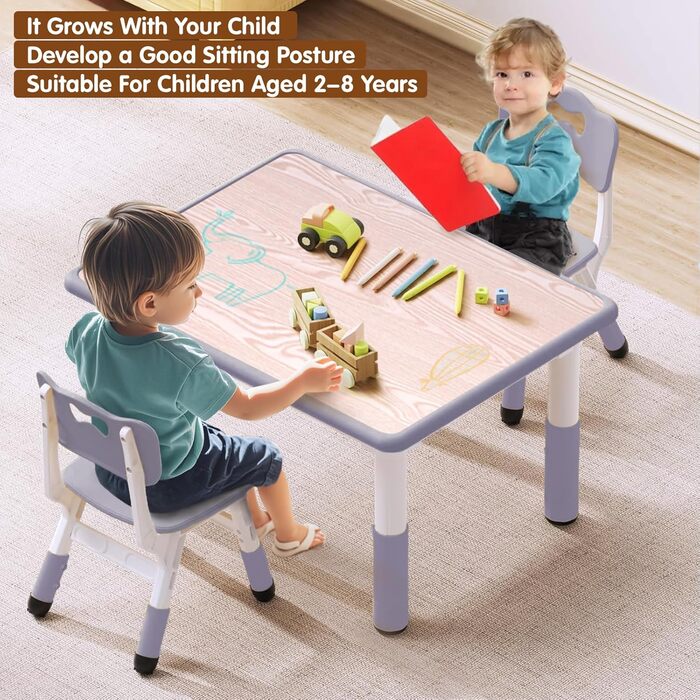 Дитячий стіл JoyHood з 2 стільцями - регульована висота. Набір дитячих меблів для дітей 3-8 років. Сірий колір. Підходить для школи, дитячого садка, дому.