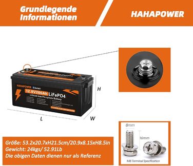 Акумулятор Hahapower 12.8V 200Ah LiFePO4 з Bluetooth, Smart BMS, 15000 циклів, 150 А, для автофургонів і сонячної системи