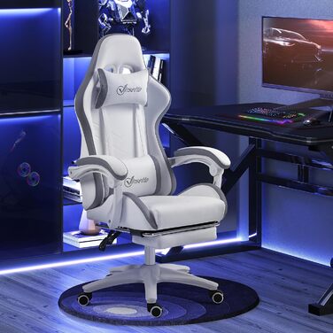 Крісло ігрове Vinsetto Ergonomic з регульованою підніжкою, спинкою 135°, підголівником та поперековою підтримкою, поворотне на 360°, PU шкіра, білий/сірий