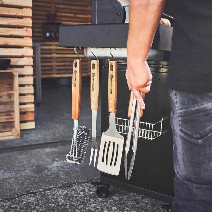 Набір гриль-посуду BURNHARD 5 предметів, 42 см, акацієве дерево, нержавіюча сталь, аксесуари для грилю (щипці, лопатка, виделка, щітка, знімач решітки)