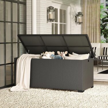 Скриня для подушок садових Polyrattan Amopatio 650л, водонепроникна, з газліфтом, чорна. Ящик для зберігання речей на вулиці для саду, балкону