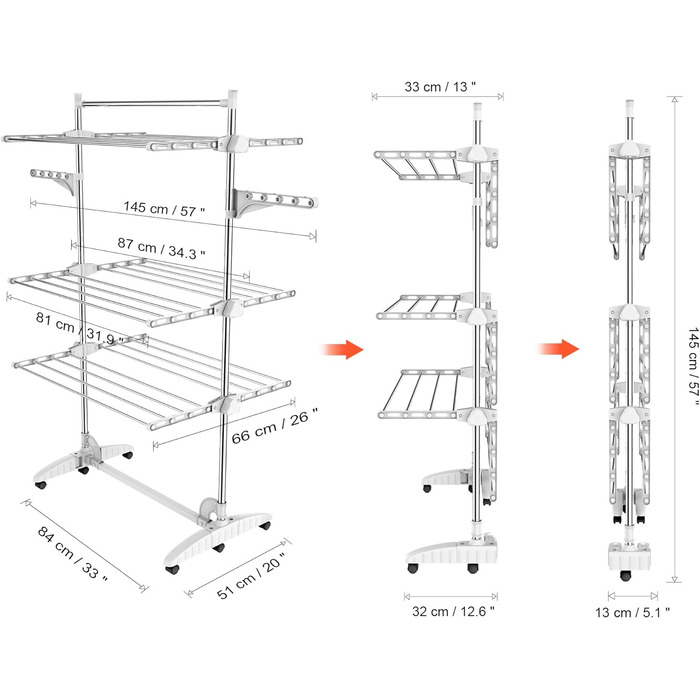 Сушарка для білизни, сушарка - Матеріал труби з нержавіючої сталі - Максимальна вантажопідйомність 3 кг на опорну планку - 3 полиці, білі, з крилами та верхньою планкою