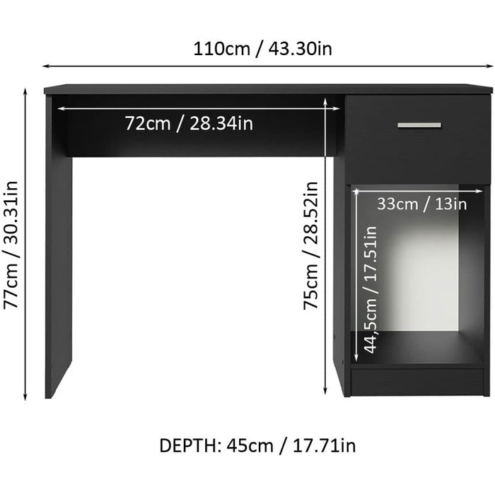 Комп'ютерний стіл з 1 шухлядою і 1 дверцятами, для спальні та кабінету, 110 х 45 х 77 см, з дерева - чорний