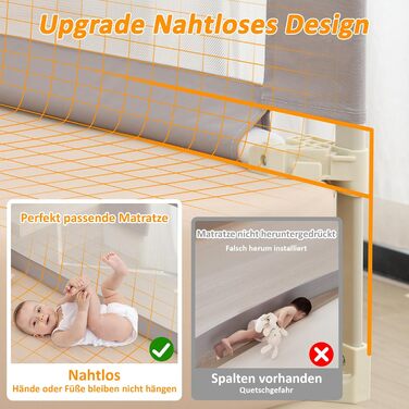 Бортики для ліжка дитячі 3 шт., захисні грати на ліжко для малюків (2x200 см + 1x180 см), сірі, складані