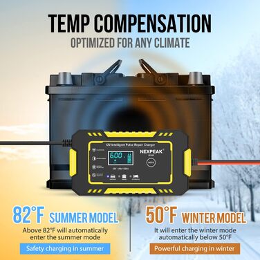 Розумний зарядний пристрій для автомобільного акумулятора 6A 12V, повністю автоматичний з температурною компенсацією для легкового автомобіля, вантажівки, мотоцикла (жовтий)