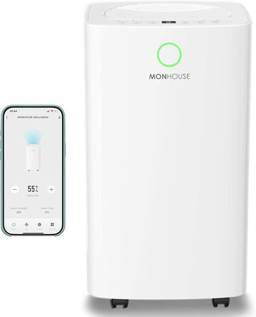 MONHOUSE Цифровий зволожувач повітря 12L з Wi-Fi - нічний режим, таймер 24 години для сушіння білизни, для спальні, підвалу, гаража та кухні - портативний електричний видалення вологи та плісняви, білий
